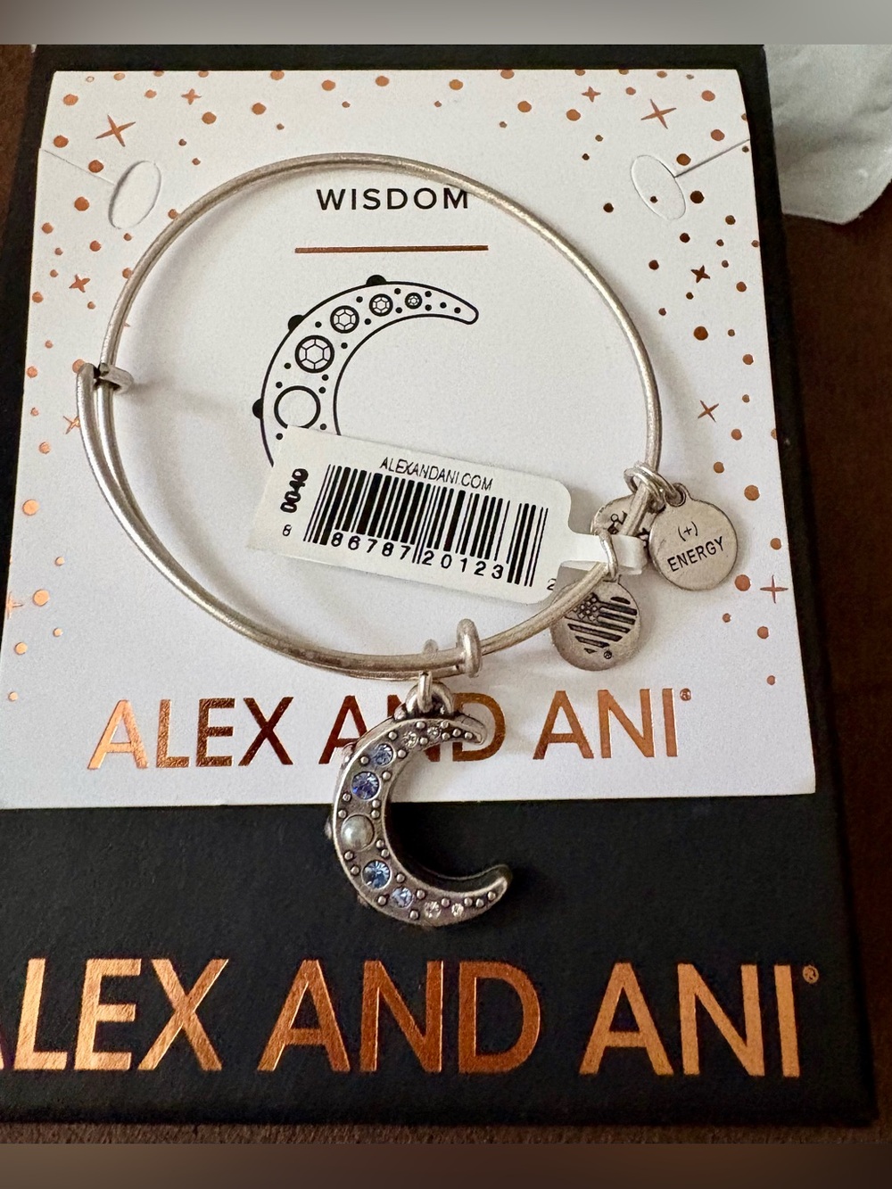 Alex and Ani Silver Crescent Moon Charm Bracelet with Blue Accents